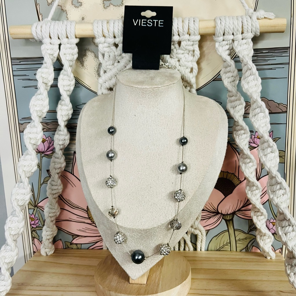 Vieste Silver Beaded Faux Pearl Necklace | Gray Statement Necklace | Long